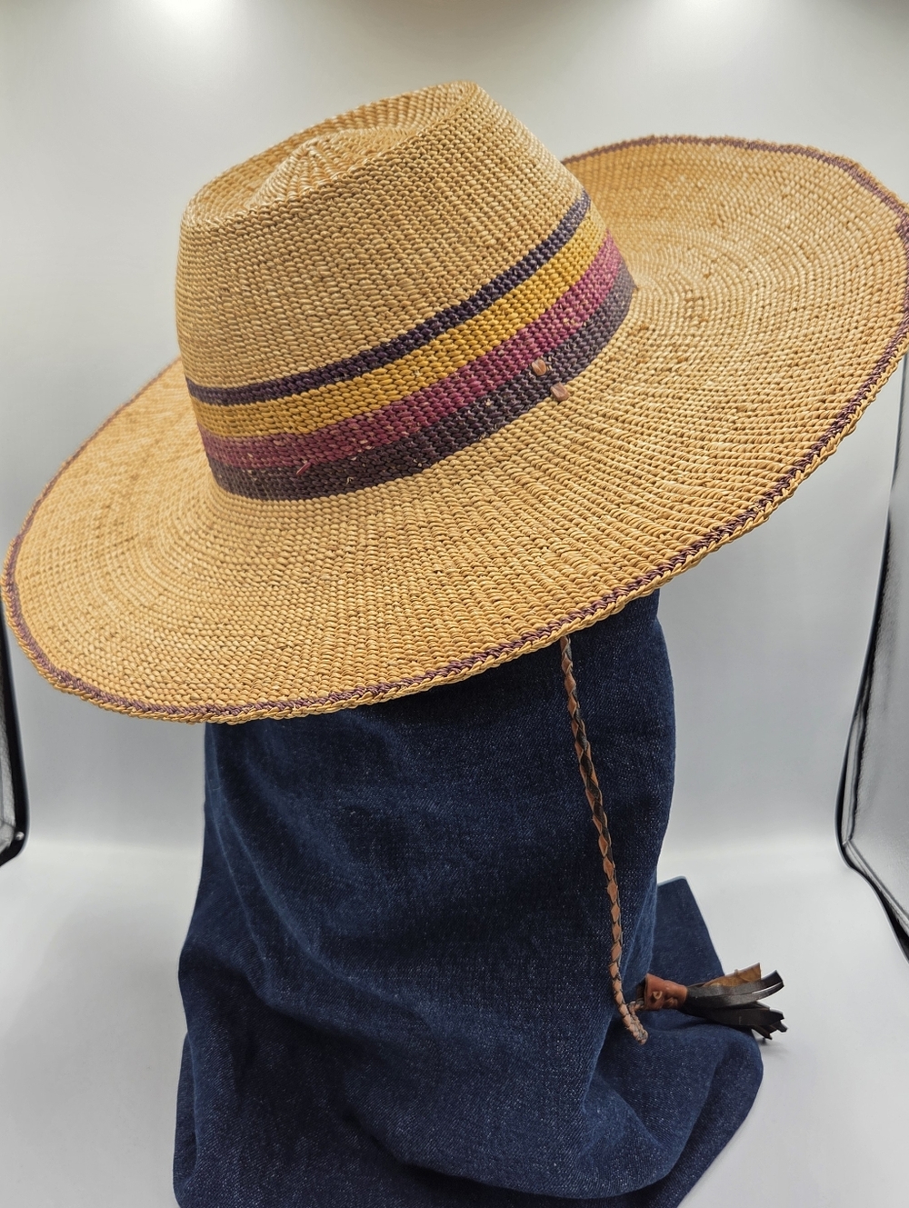 South African Ghana Woven Bolga Style Straw Hat Adjustable Leather Braided Tie